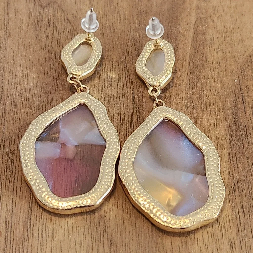 Pink Iridescent Gold Tone Organic Drop Earrings Pebble Statement Jewelry 2.25